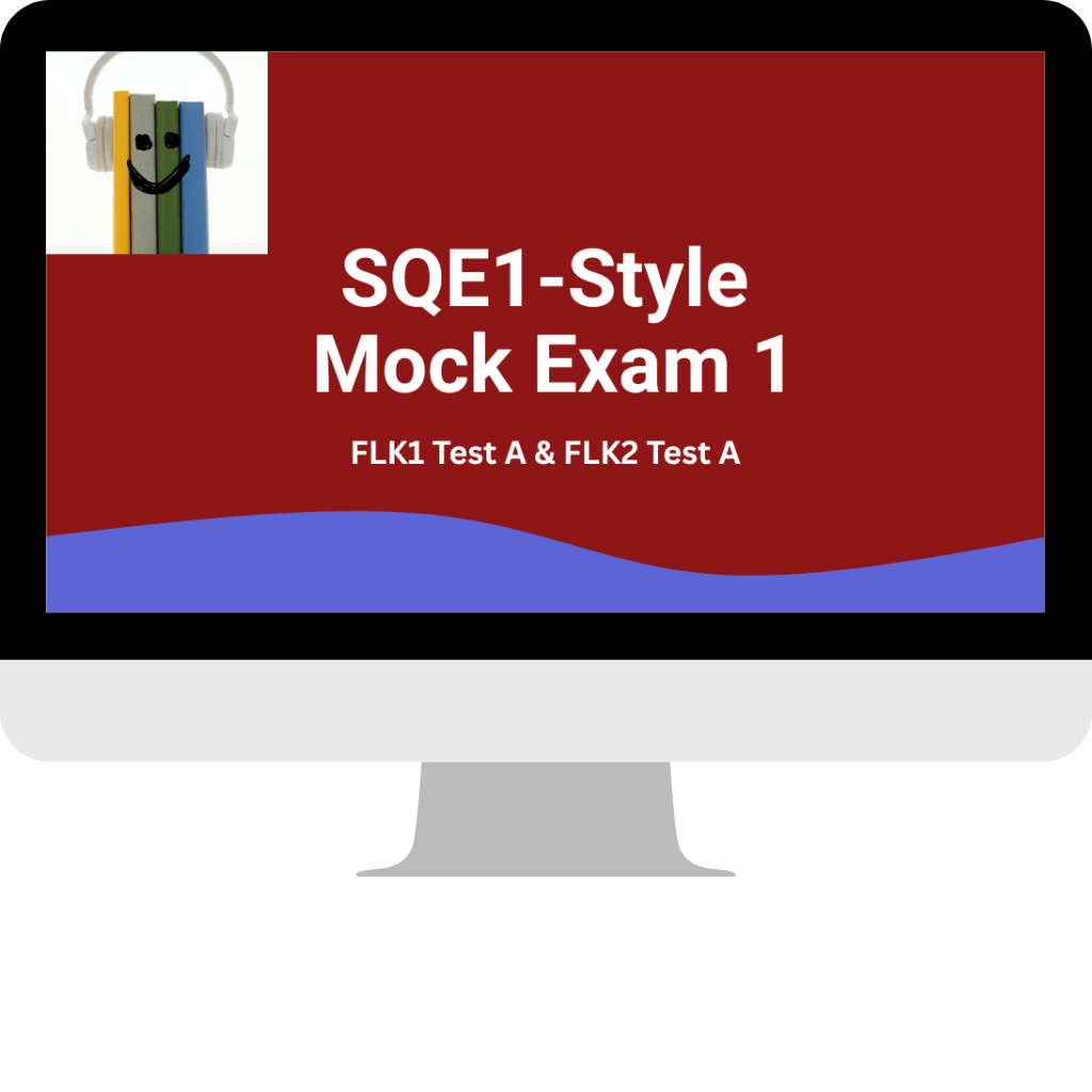 Photo of desktop monitor showing Online Mock Exam for SQE1 (FLK1 Test A and FLK2 Test A)