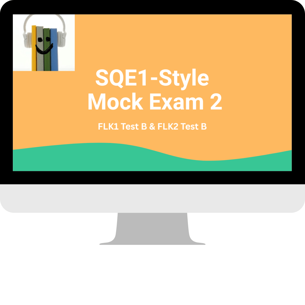 Photo of desktop monitor showing Online Mock Exam 2 for SQE1 (FLK1 Test B and FLK2 Test B)