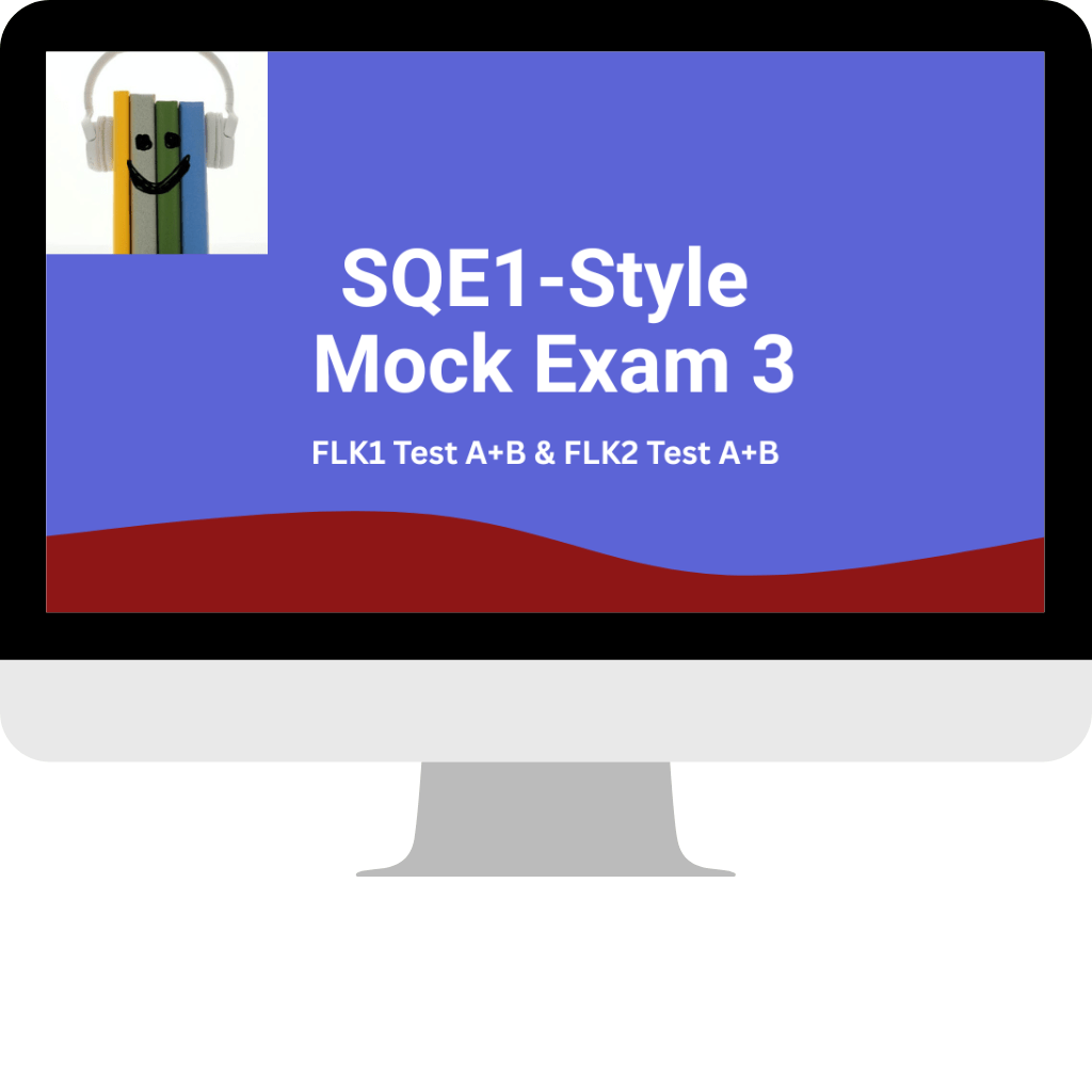 Photo of desktop monitor showing Online Mock Exam 3 for SQE1 (FLK1 Tests A & B and FLK2 Tests A & B)