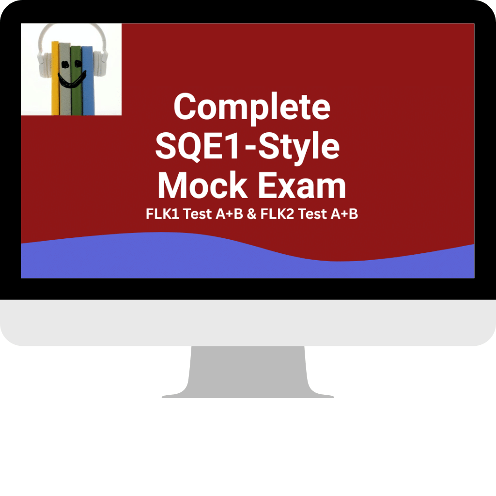 Photo of desktop monitor showing Full Online Mock Exam for SQE1